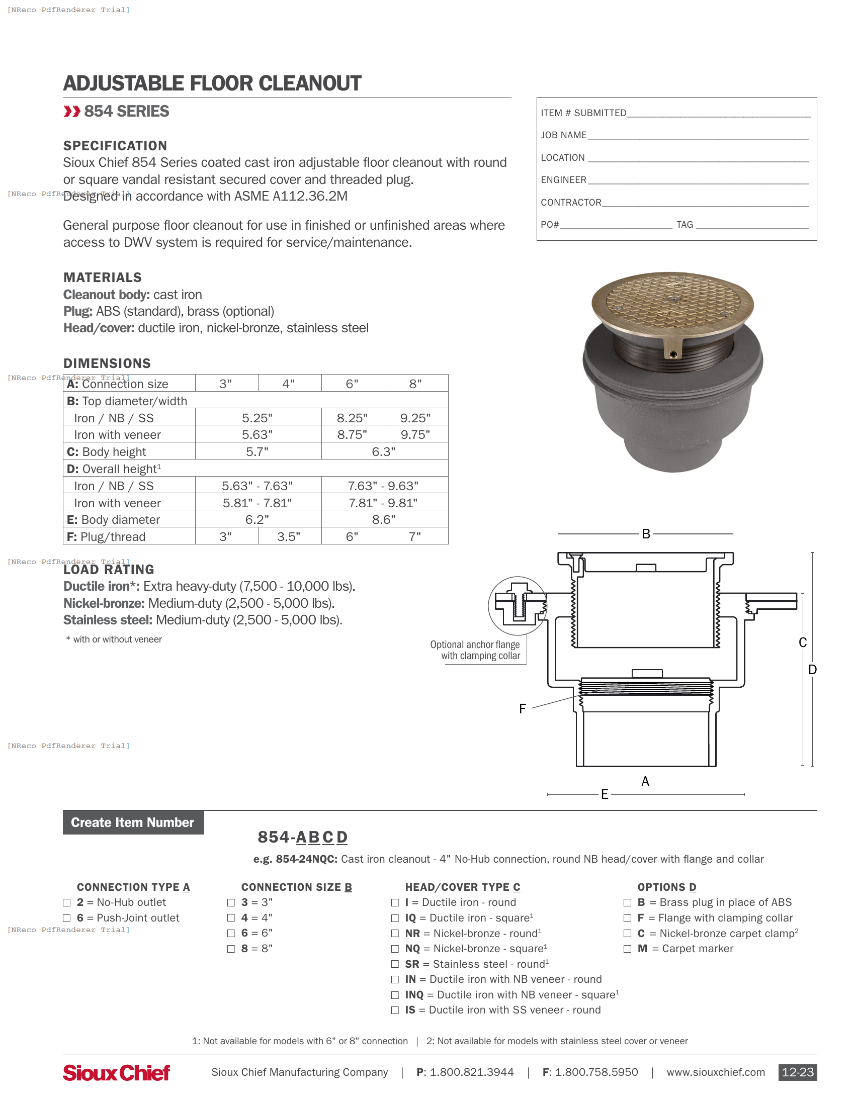 854 SERIES - ADJUSTABLE FLOOR CLEANOUT - SPEC SHEET.PDF Specification Document